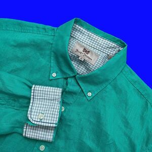 Hickey Freeman 100% Linen Shirt Long Sleeve Plaid Flip cuff Teal Green Mens XL